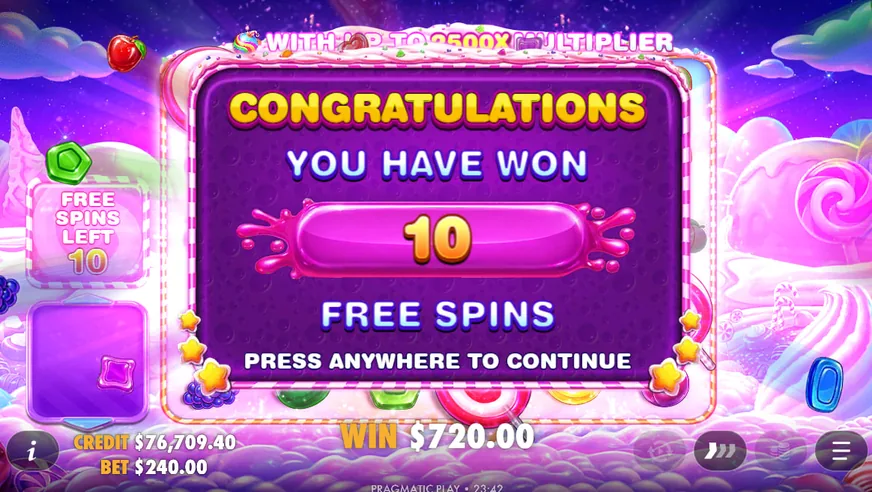 Sweet Bonanza 2500 bonus round award screen under the 2,500x multiplier banner