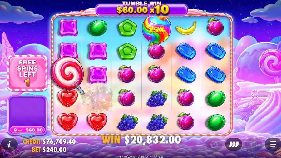 Sweet Bonanza 2500 grid mid tumble with a candy bomb multiplier on the reels