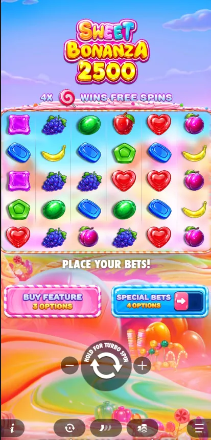 Sweet Bonanza 2500 in portrait on a phone with bet controls below the grid