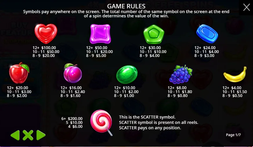 Sweet Bonanza 2500 paytable overlay showing candy and fruit symbol payouts