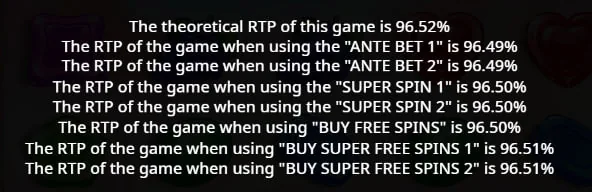 Sweet Bonanza 2500 help screen listing the return to player for every bet mode