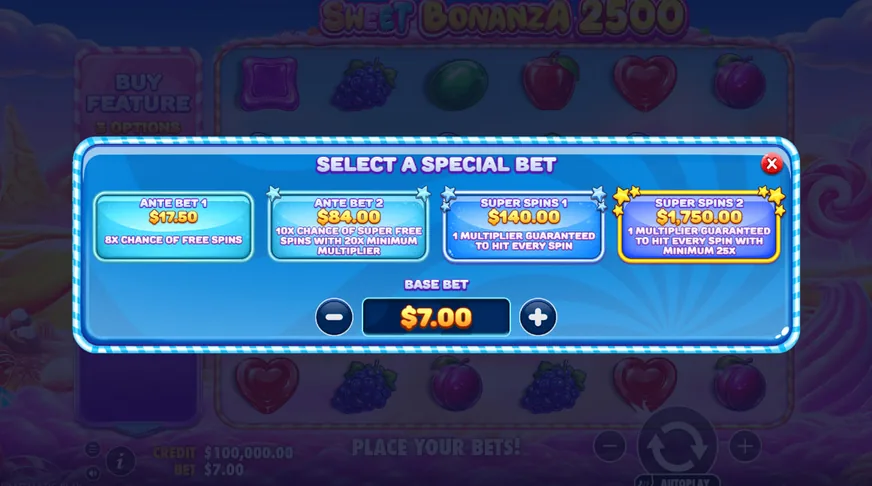 Sweet Bonanza 2500 special bet menu open with four priced options